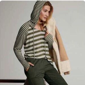 CABI Playoff Green striped hooded woman lightweight oversized long sleeve top M